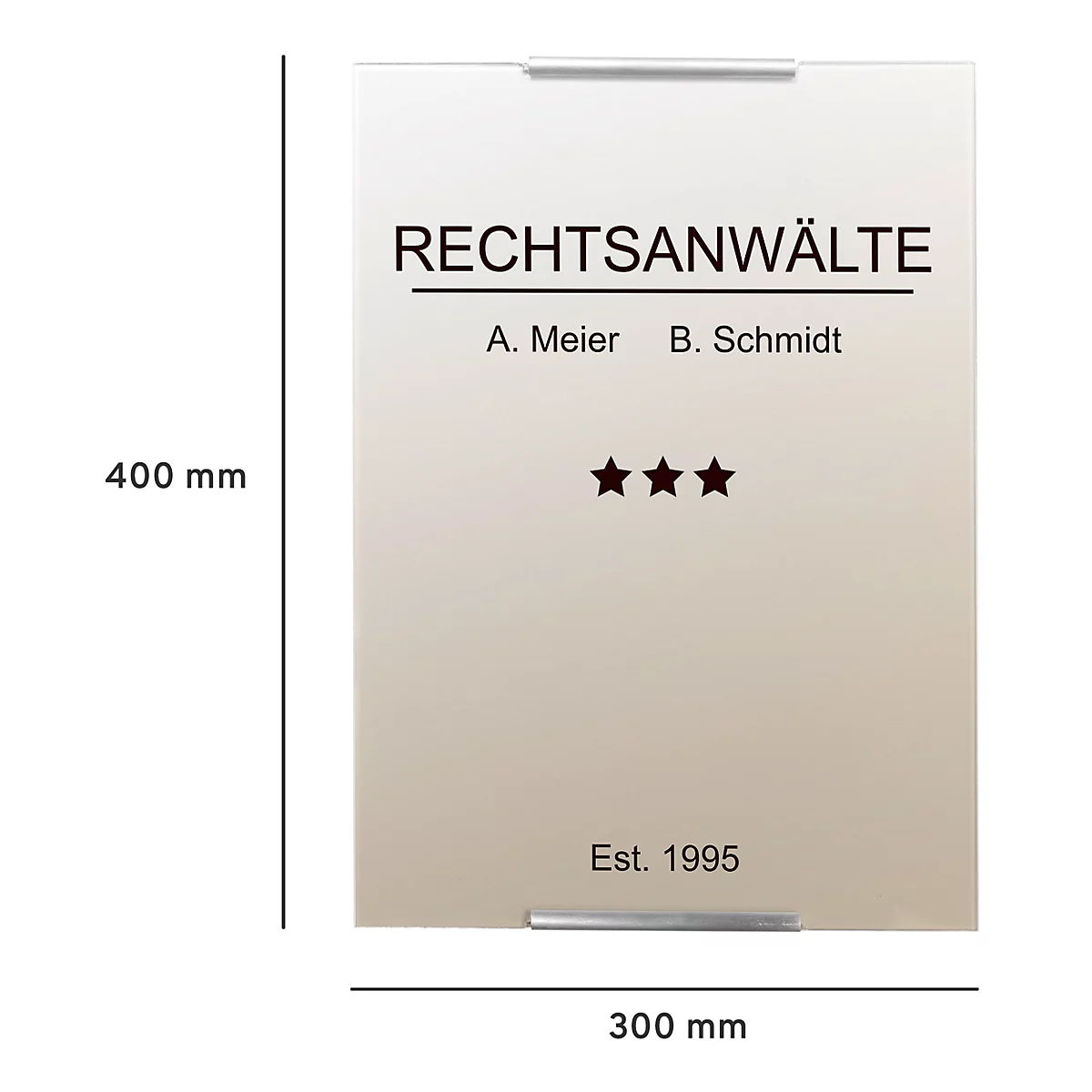 Lawyer sign with names, stars and dimensions. Beige plate, silver holder. Text: RECHTSANWÄLTE, A. Meier, B. Schmidt, Est. 1995.