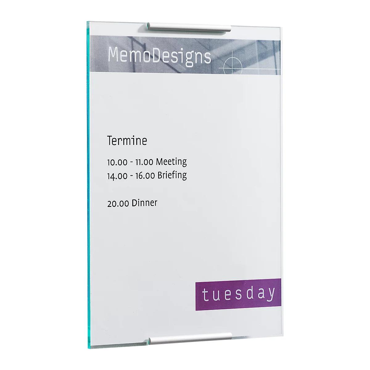 Clear rectangular whiteboard with appointments and "Tuesday" in purple. "MemoDesigns" at the top.
