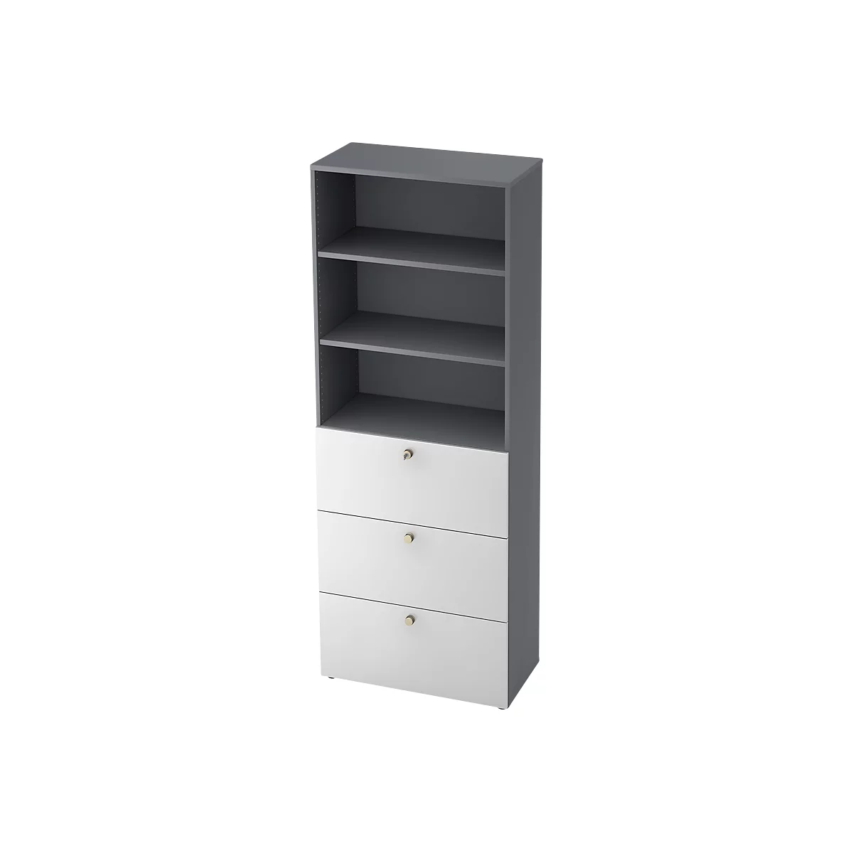 Grey and white shelf with open shelves and drawers. Gold-colored knobs on the drawers.