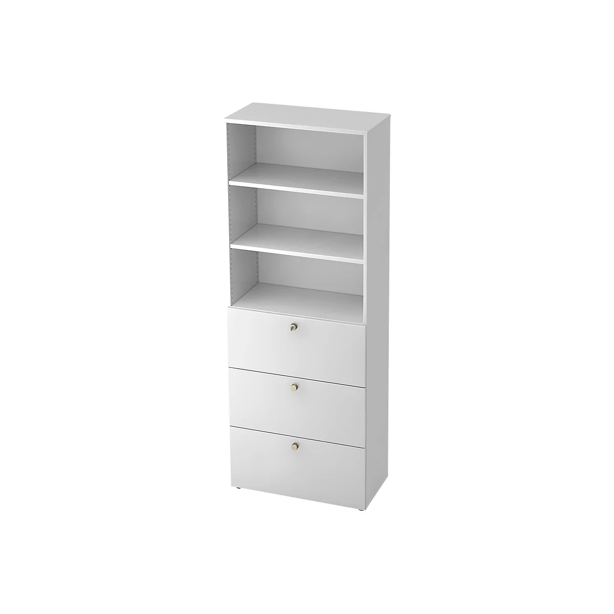 White bookcase with open shelves above and drawers below; gold-colored knobs.