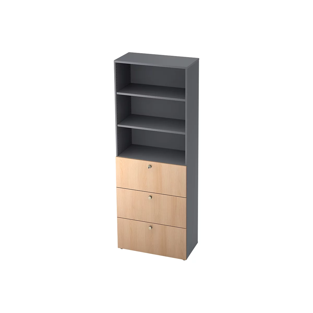 Gray cabinet with shelves and drawers, light wood and dark gray. Three open shelves at the top, three drawers at the bottom.