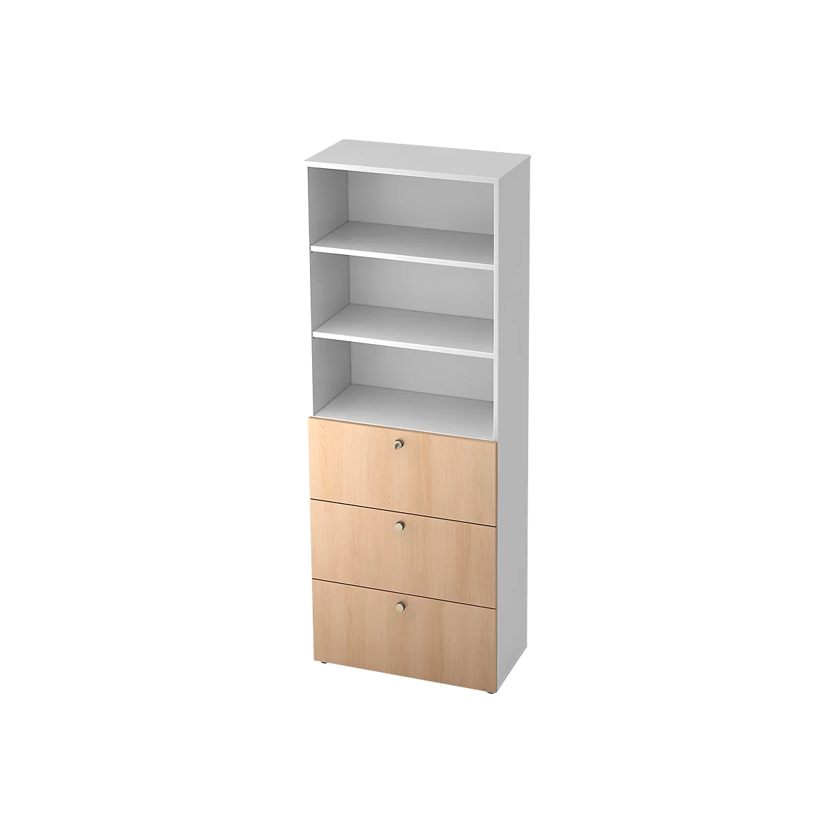 A tall white bookcase with three shelves and three wood-look drawers.