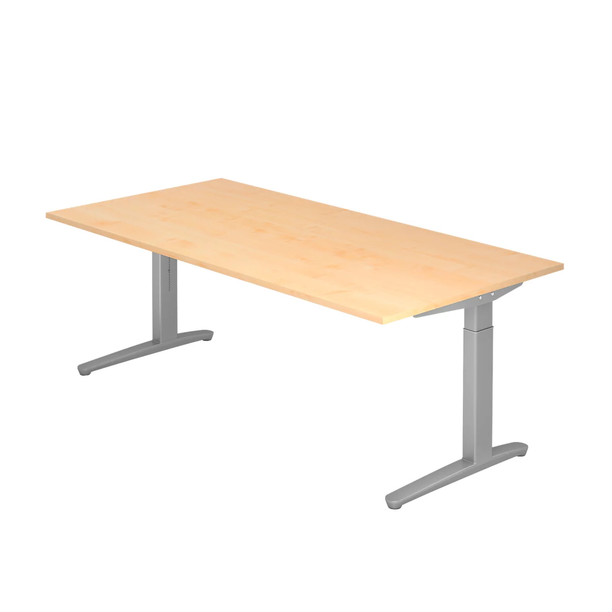 A height-adjustable desk with a light brown tabletop and gray legs against a white background.