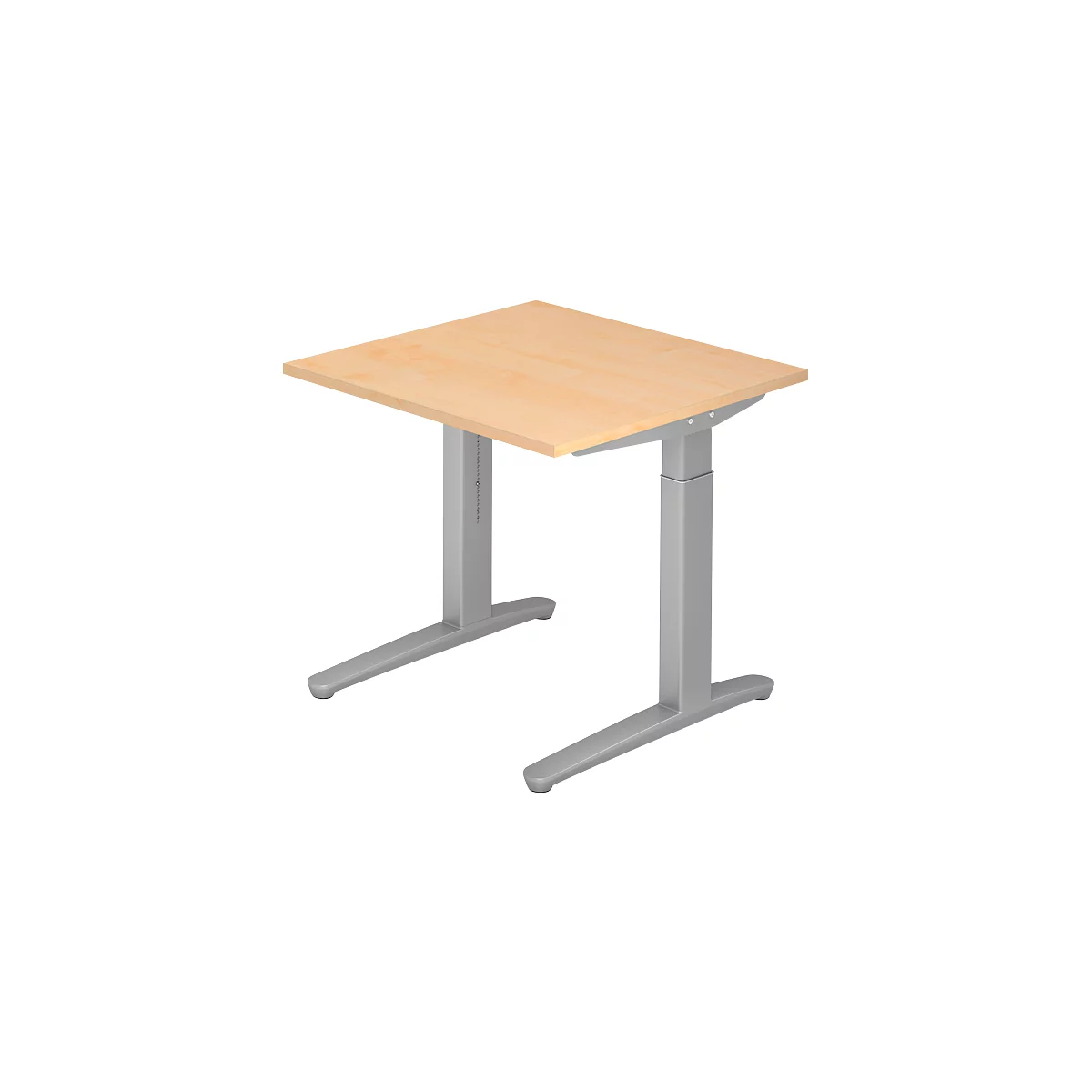 An adjustable height desk with a beige tabletop and silver frame. The tabletop is square.