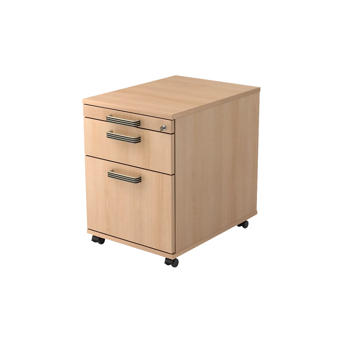 Beige mobile pedestal with three drawers and black handles, standing on castors.