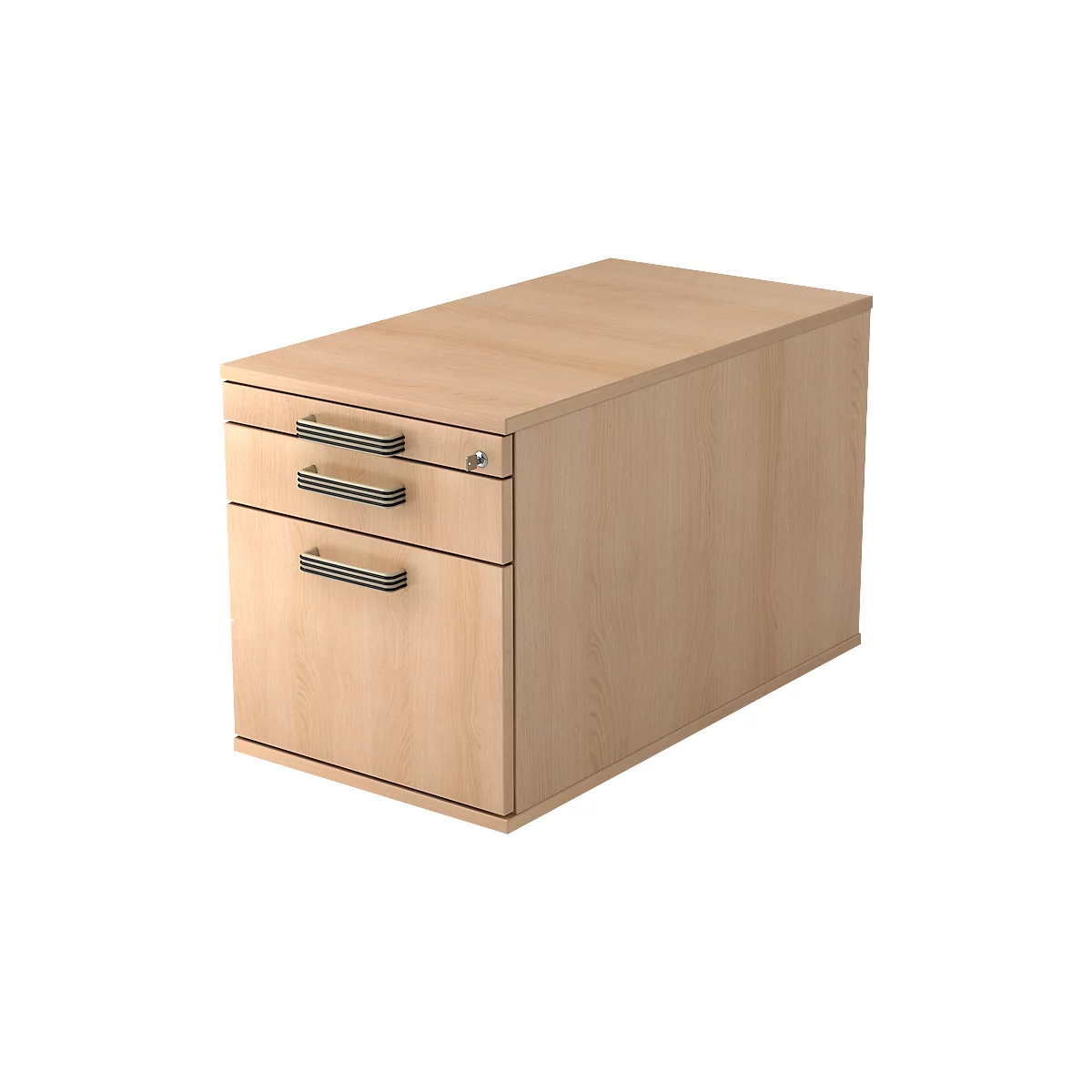 Light wood rolling cabinet with two drawers and silver handles.