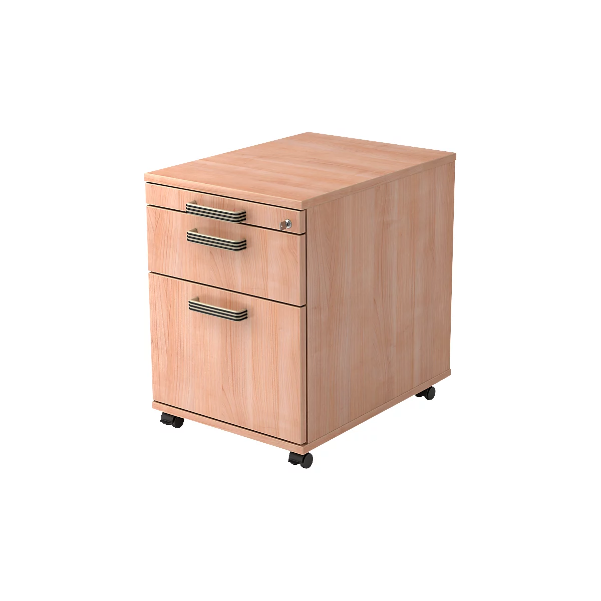 Light brown, rolling office cabinet with two drawers and a lock.