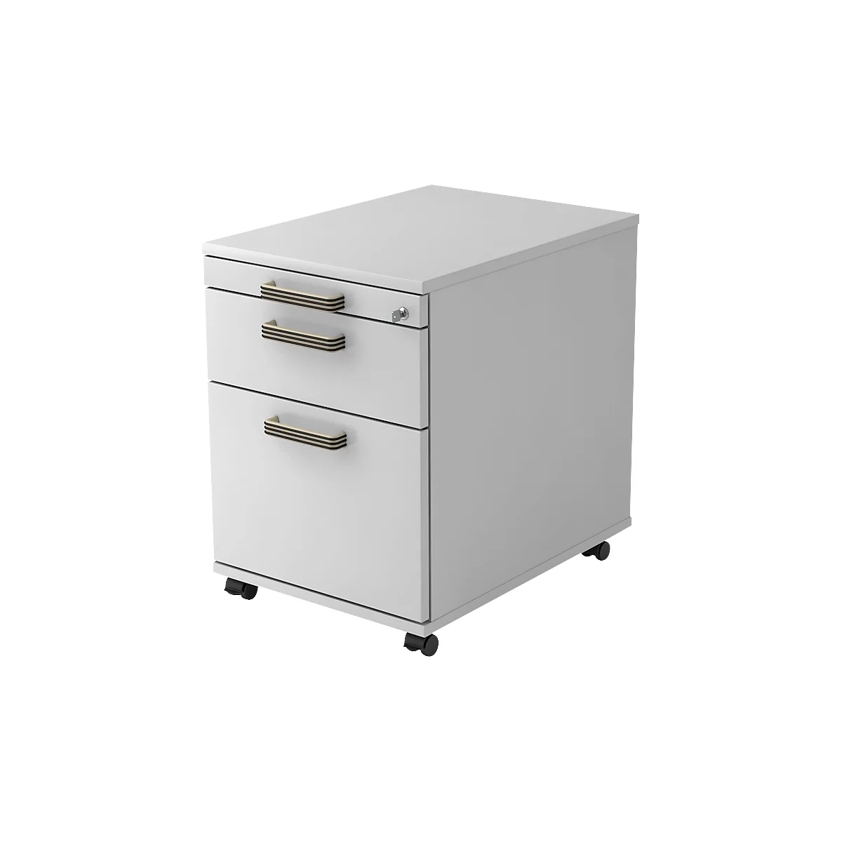 White mobile pedestal with three drawers and gold-colored handles. Black wheels.