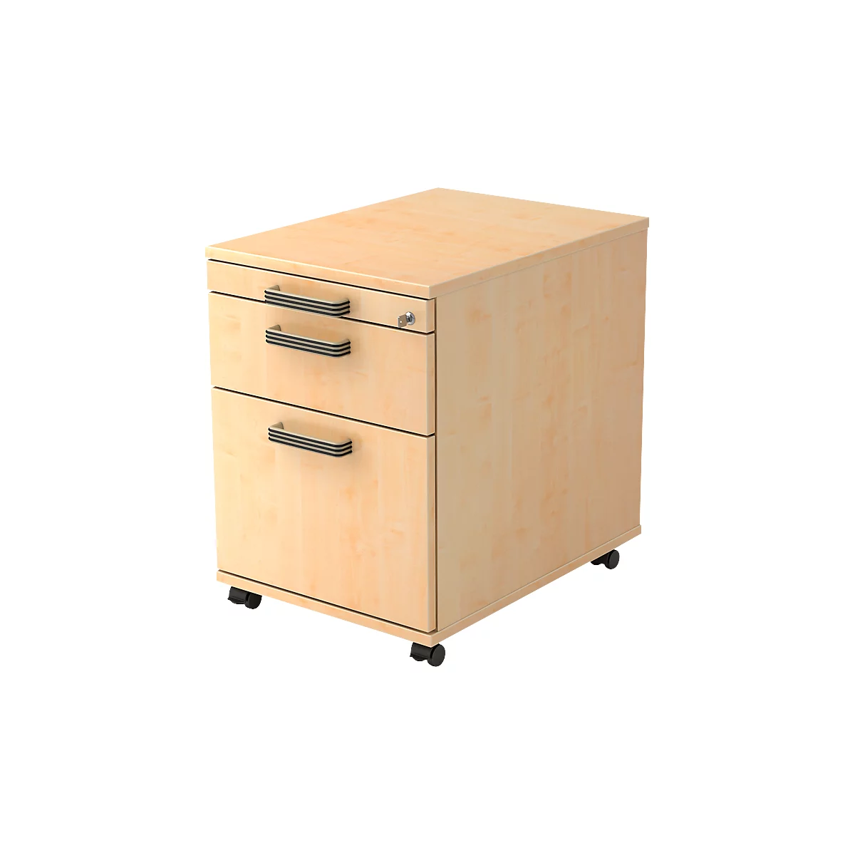 Beige mobile pedestal with two drawers and handles. On castors.