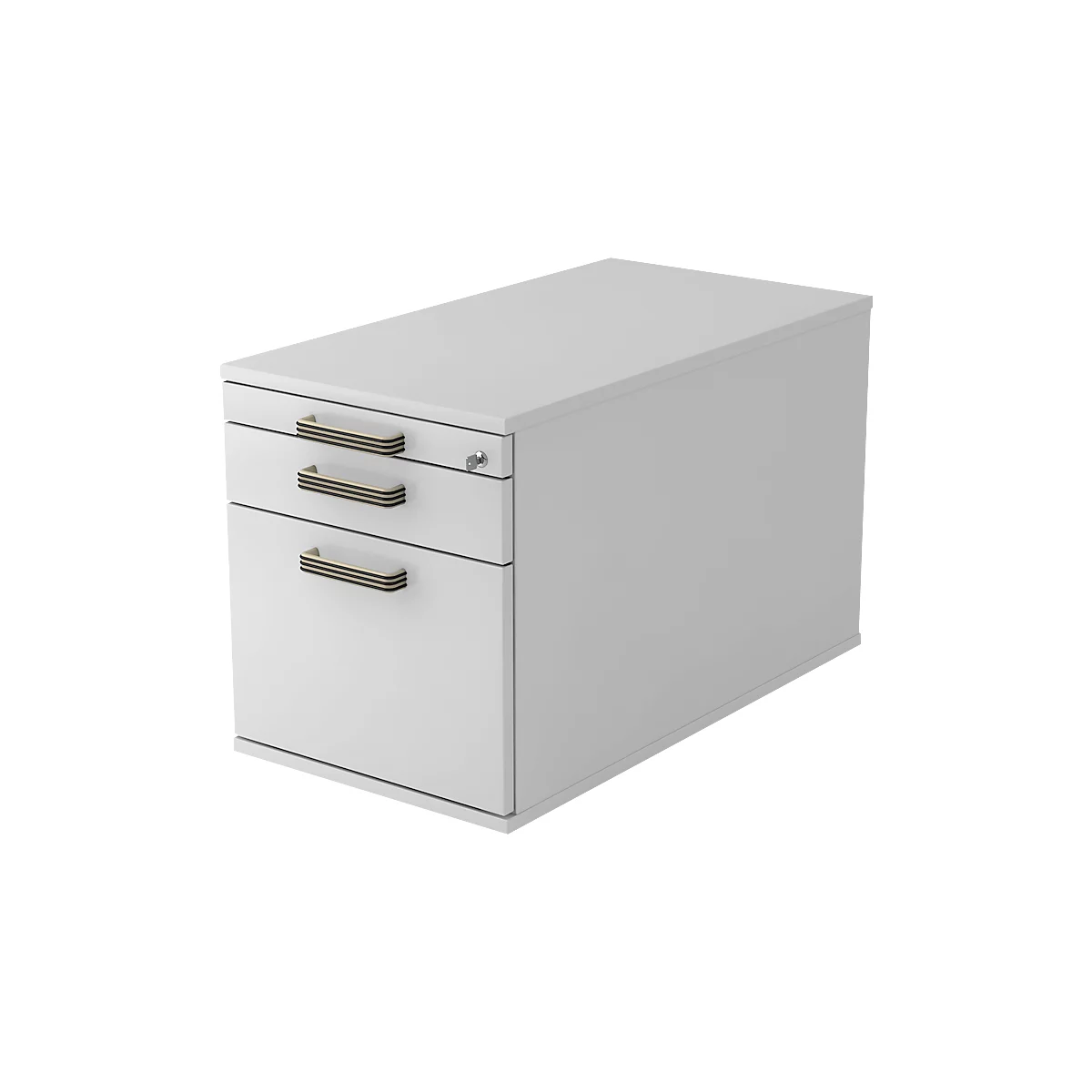 White file cabinet with three drawers and brass-colored handles. A key is in the lock.
