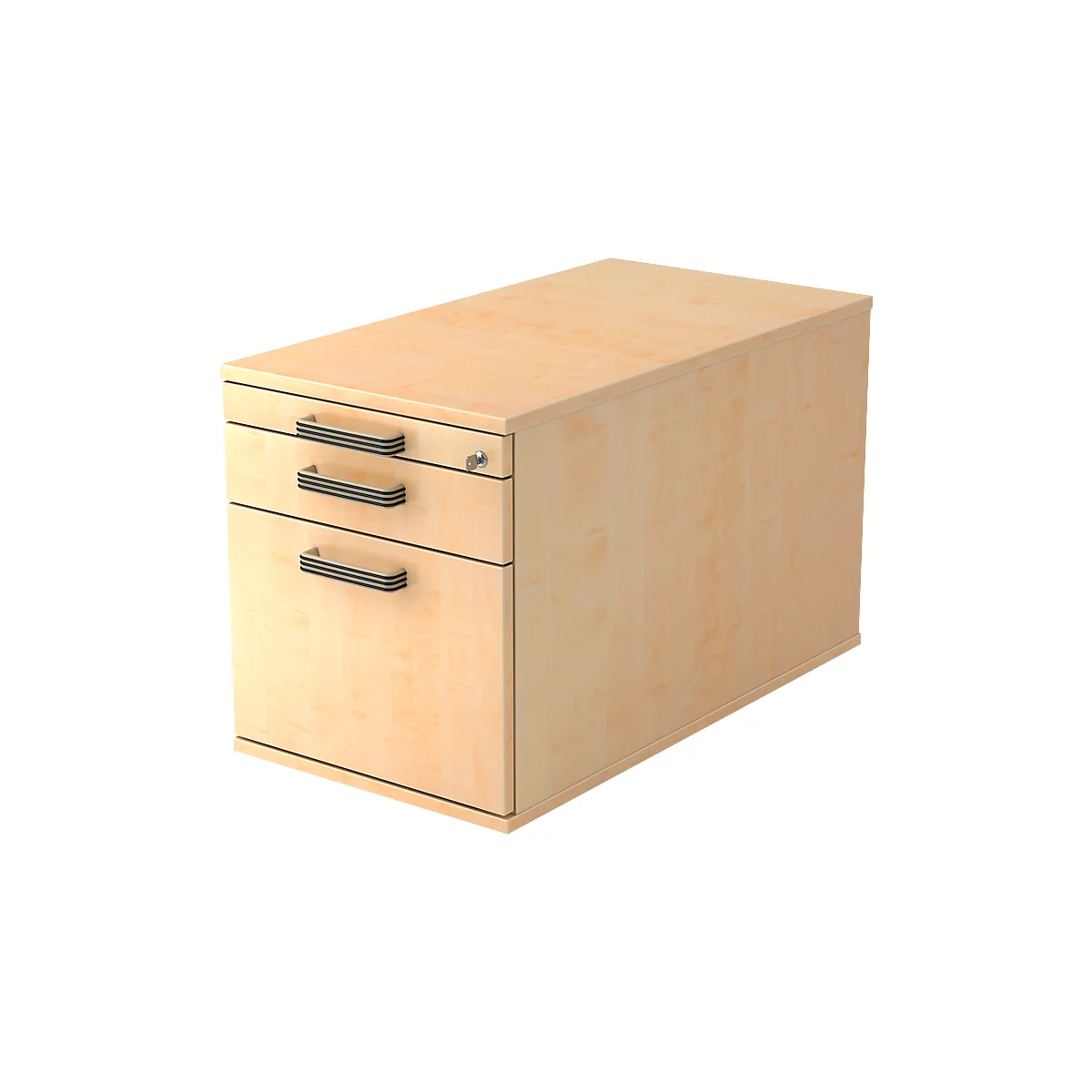 Light brown, rectangular mobile pedestal with three drawers, silver handles, and a lock.