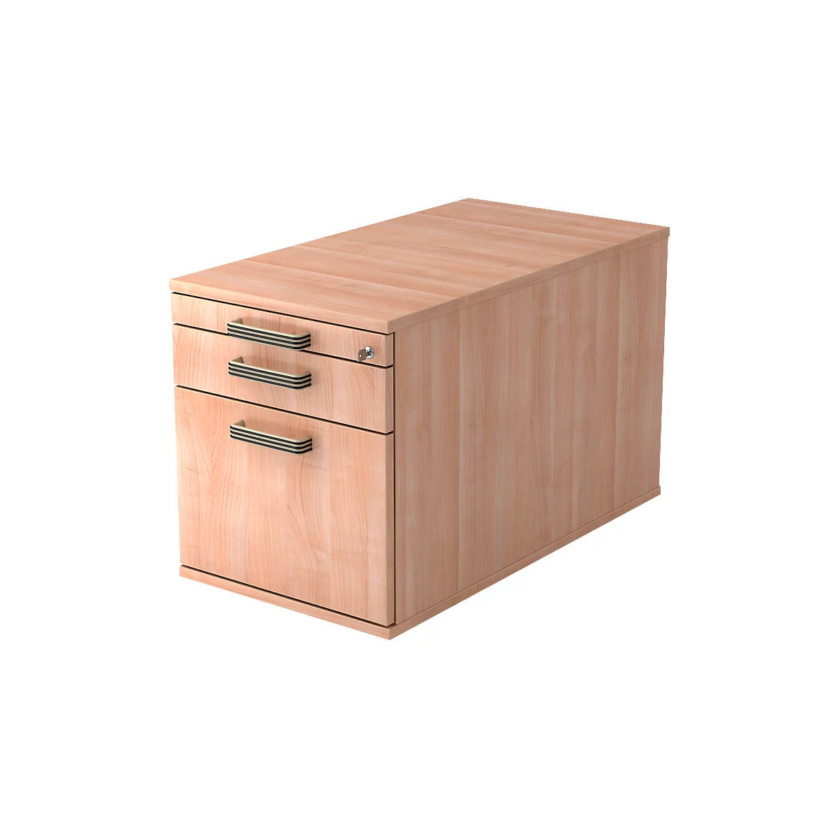 A light wood cabinet with two drawers, door handles and a lock.