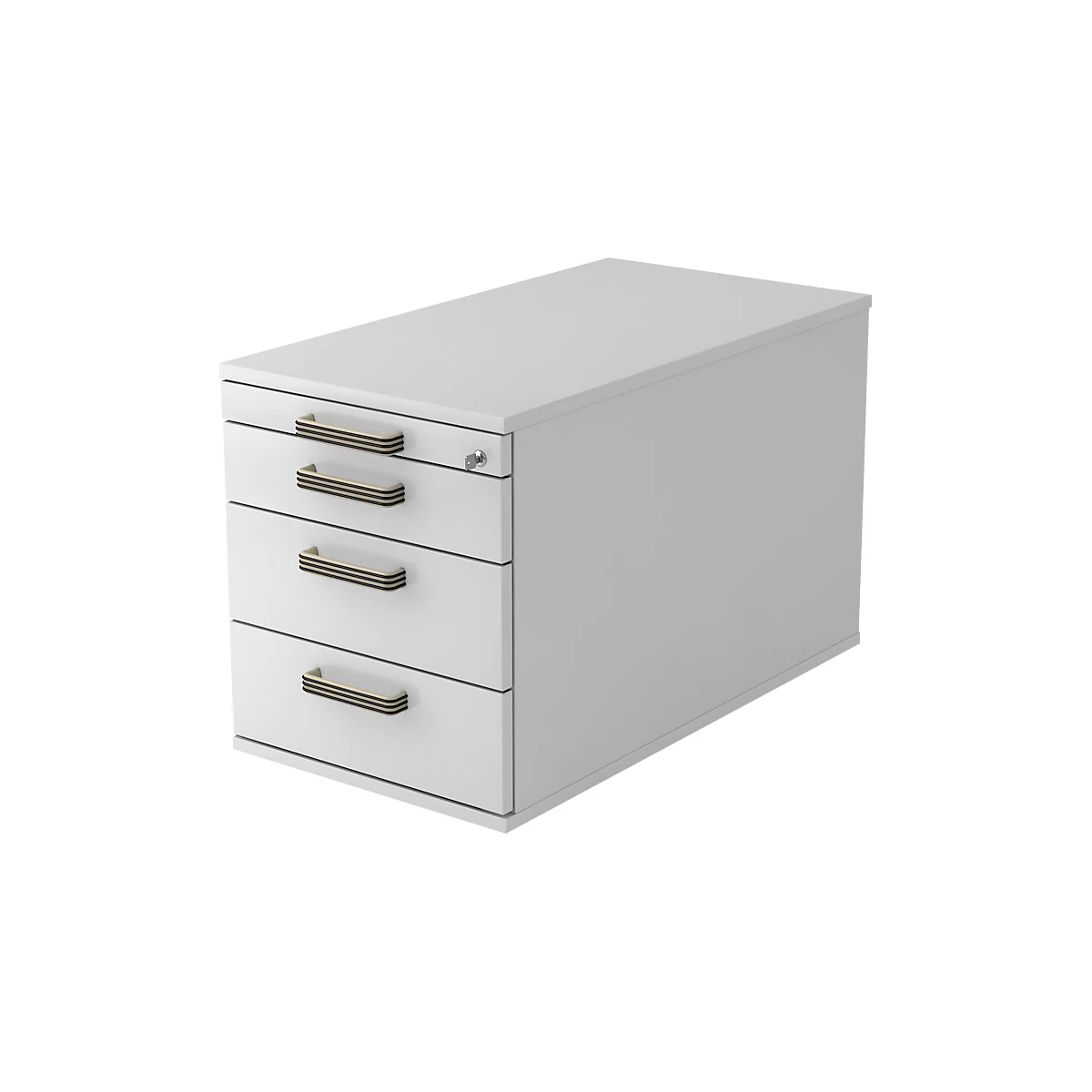 White office cabinet with three drawers and wooden handles. On the right a smooth white side. A keyhole on the top right.