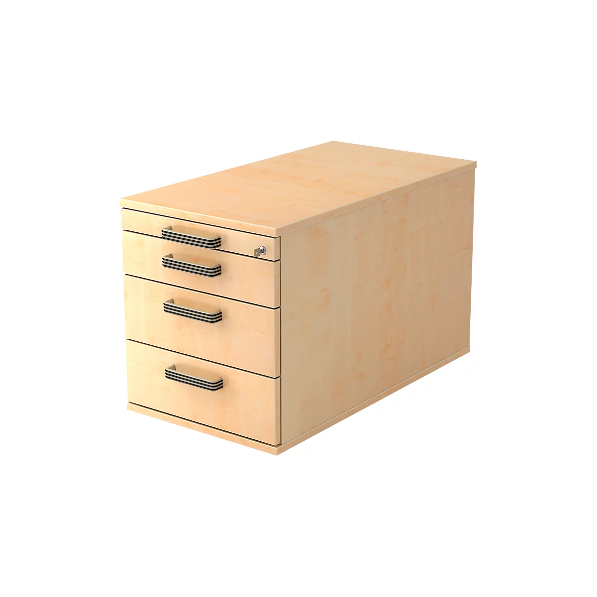 Light brown wooden mobile pedestal with three drawers, black handles and lock.