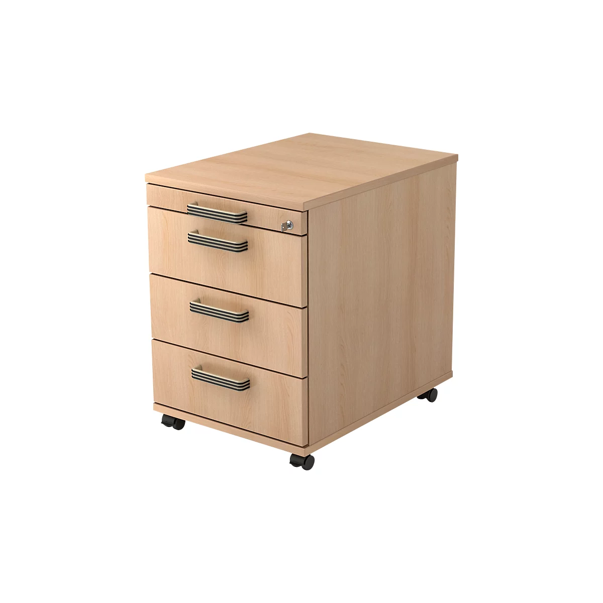 Beige wooden pedestal with three drawers and castors.