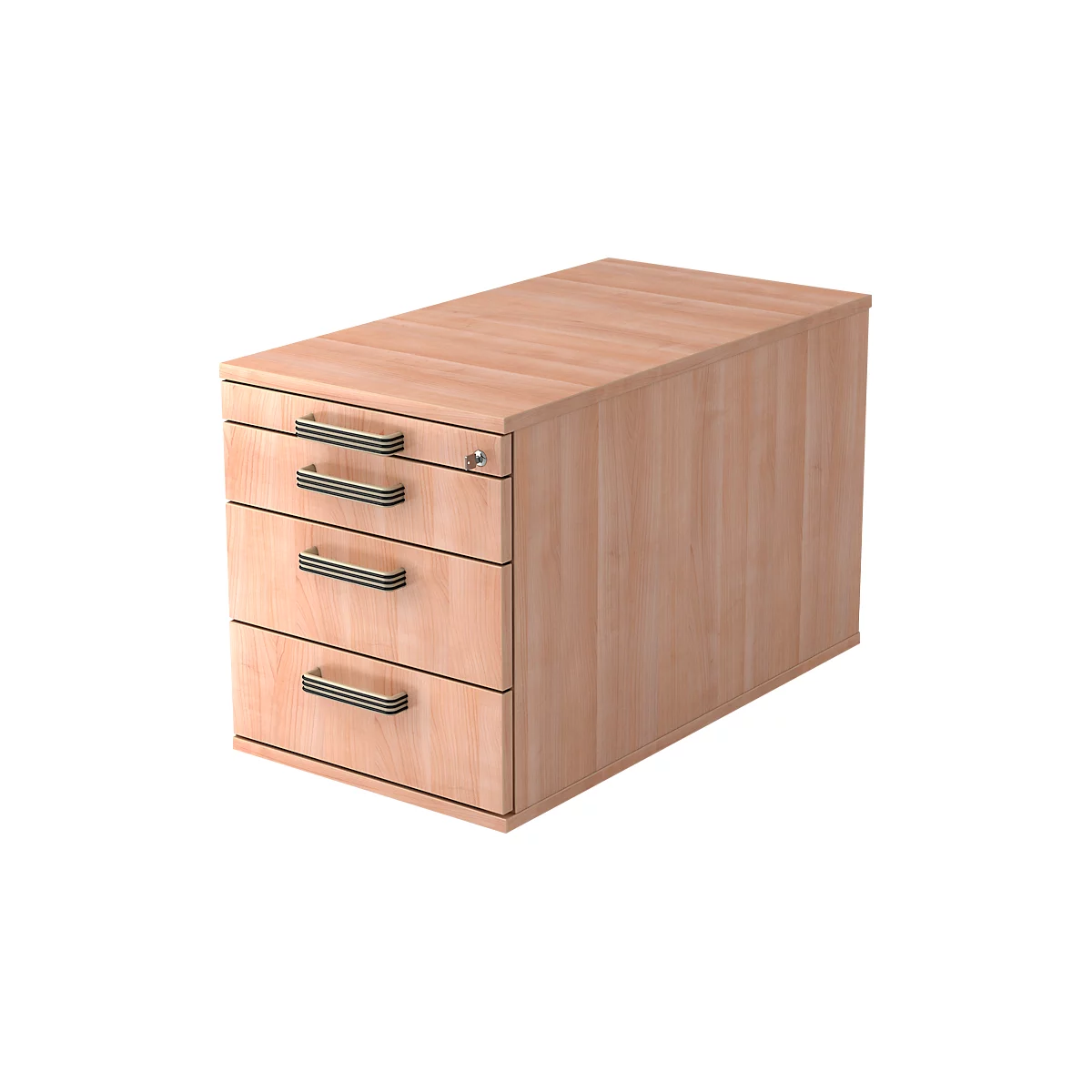 A wooden office cabinet with three drawers. The handles are black with silver accents. There is a keyhole at the top.