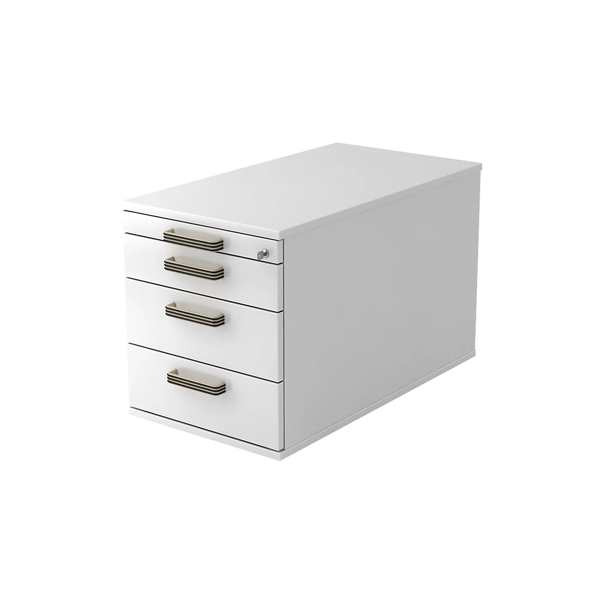 White office cabinet with three drawers and golden handles. A lock is on the right side.