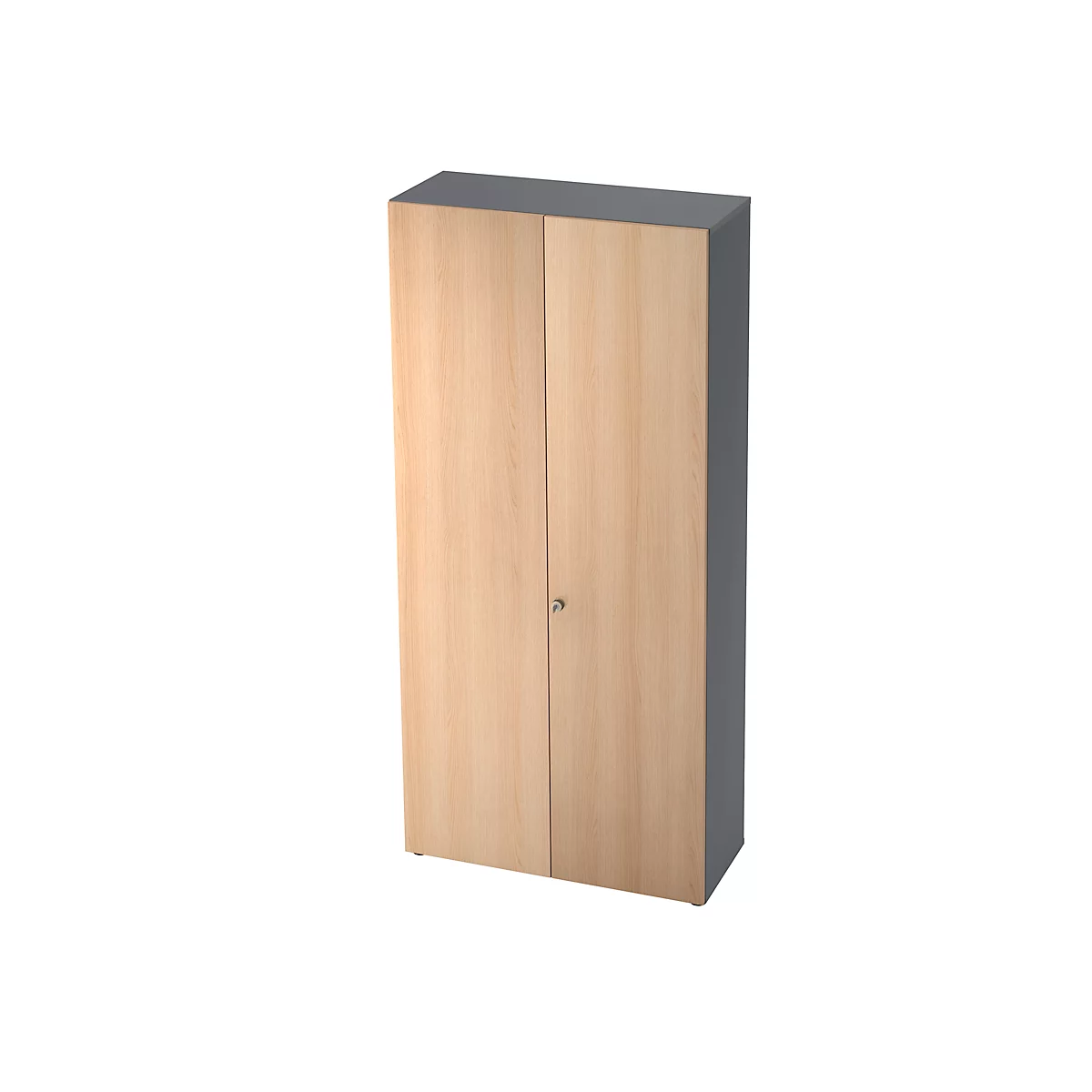 A tall cabinet with two doors made of light wood, gray top and sides. A small keyhole is visible.