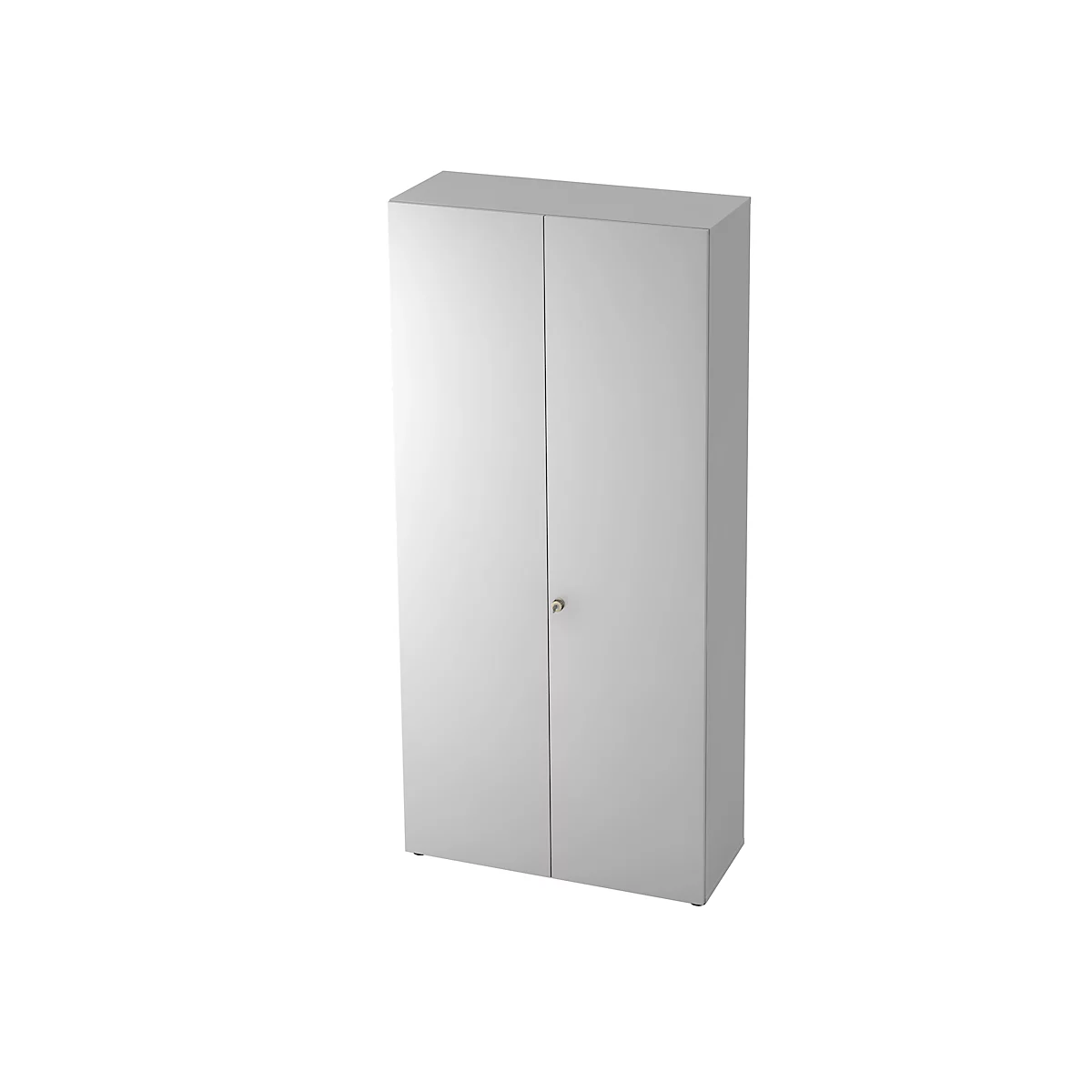A grey cabinet with two doors and a small knob in the middle, against a white background.