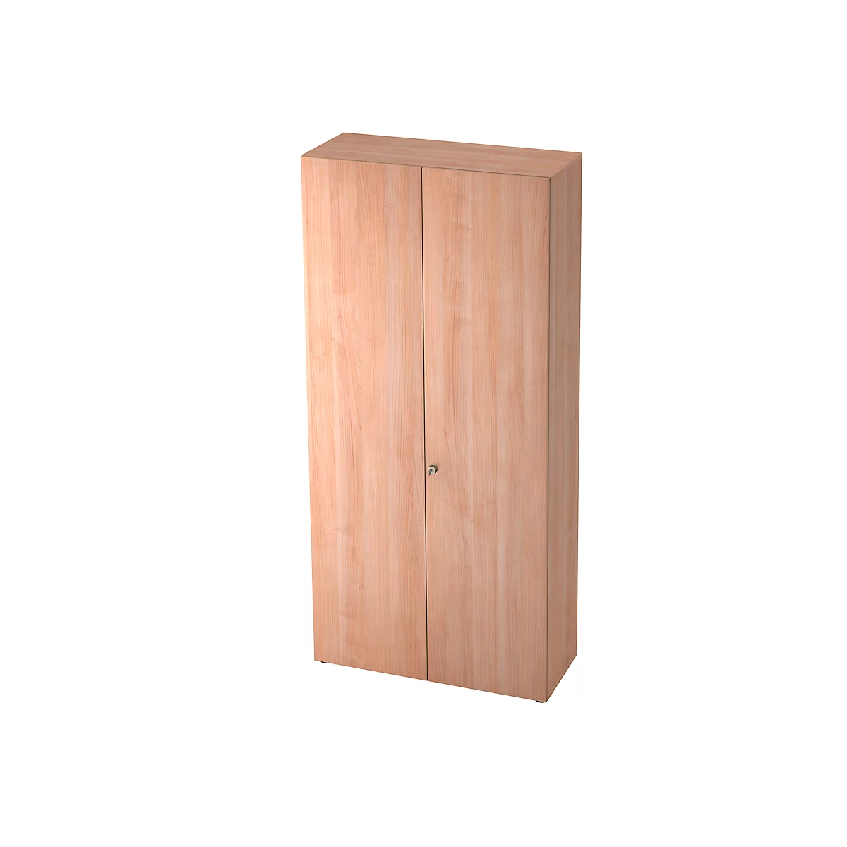 A tall cabinet made of light wood, with two doors, a small lock, and a simple shape.