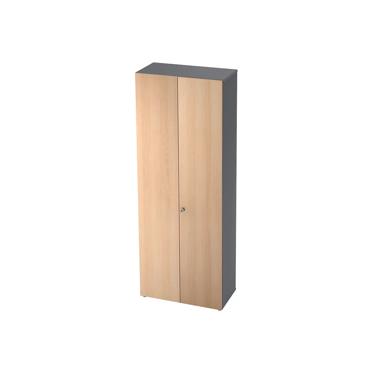 A tall cabinet with two doors made of light wood, gray lid and sides.