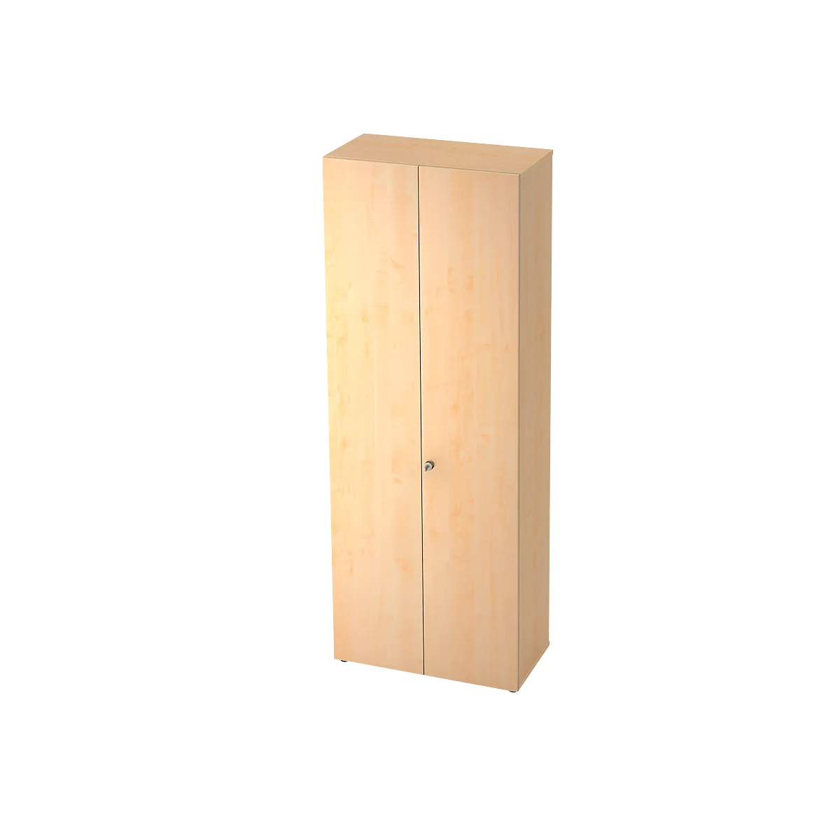 A tall, beige cabinet with two doors, a small handle, and light woodgrain, isolated against a white background.