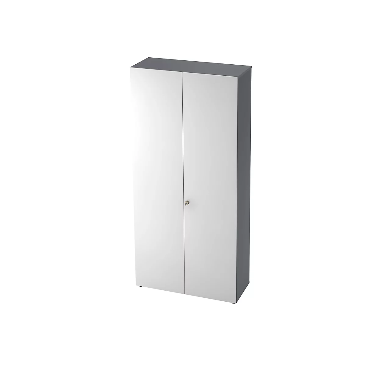 White cabinet with two doors and a narrow gray frame. A silver knob is in the middle.
