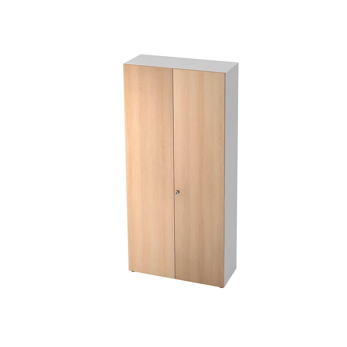 Tall cabinet with two doors. The doors are made of light brown wood, the body is white. A small lock is in the middle.
