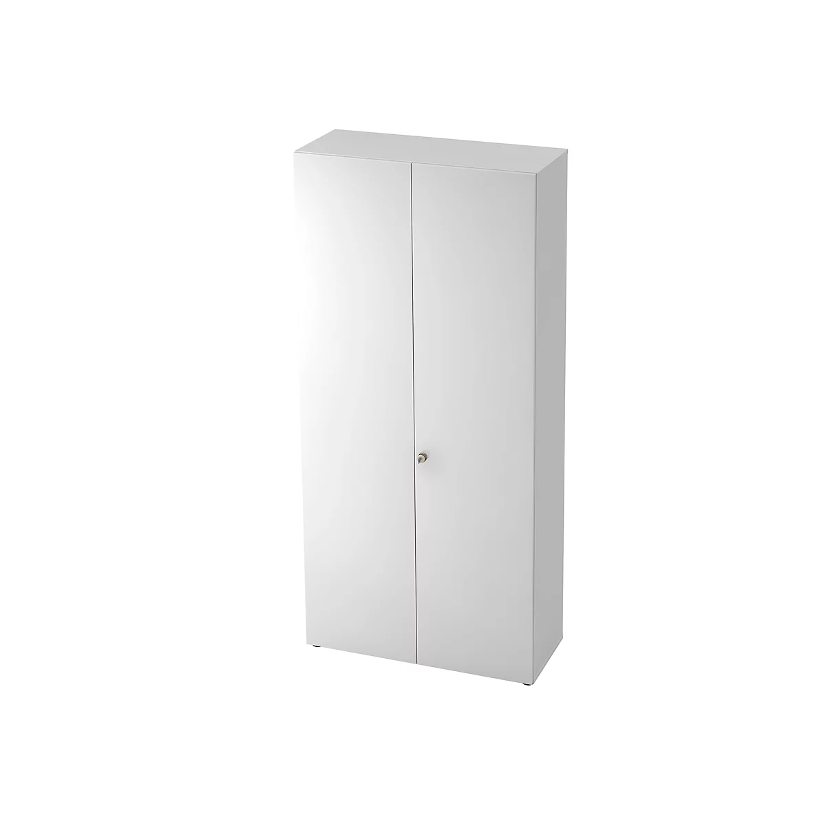 White cabinet with two doors and a knob in the middle.