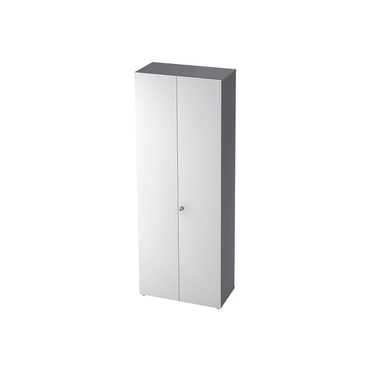 White cabinet with two doors, metal handle and gray sides.