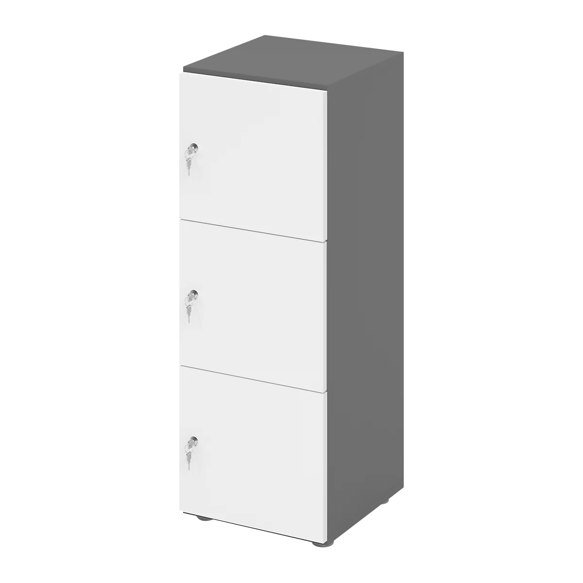 Kast met drie compartimenten, wit met grijs frame. Elk compartiment heeft een sleutelgat.