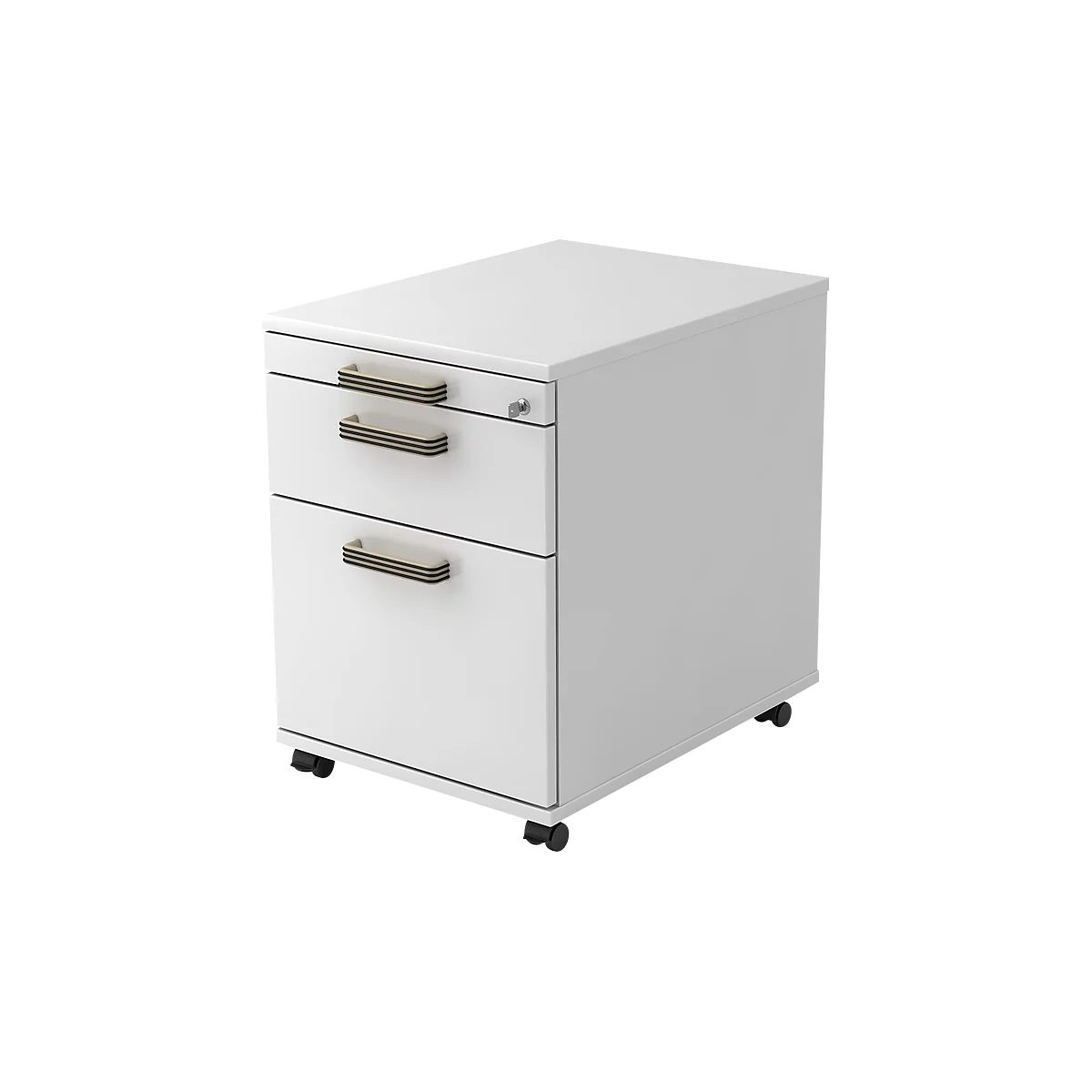 White rolling cabinet with three drawers. Black handles and castors.