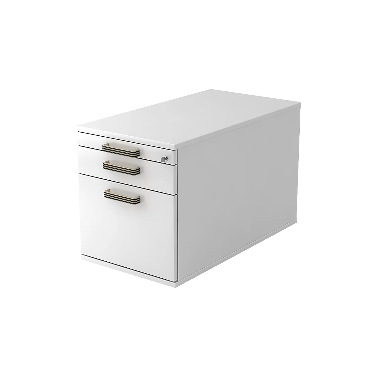 White mobile pedestal with three drawers. The handles are cream-colored with black stripes. There is a lock on the top drawer.