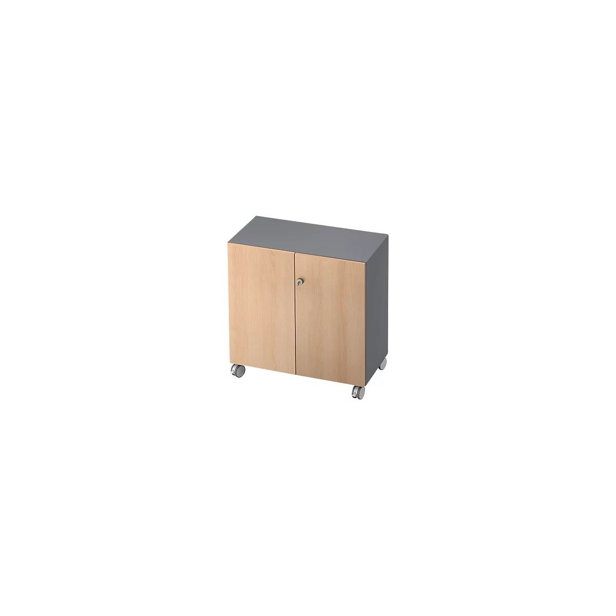 A gray sideboard with two doors made of light wood, silver handle and castors.