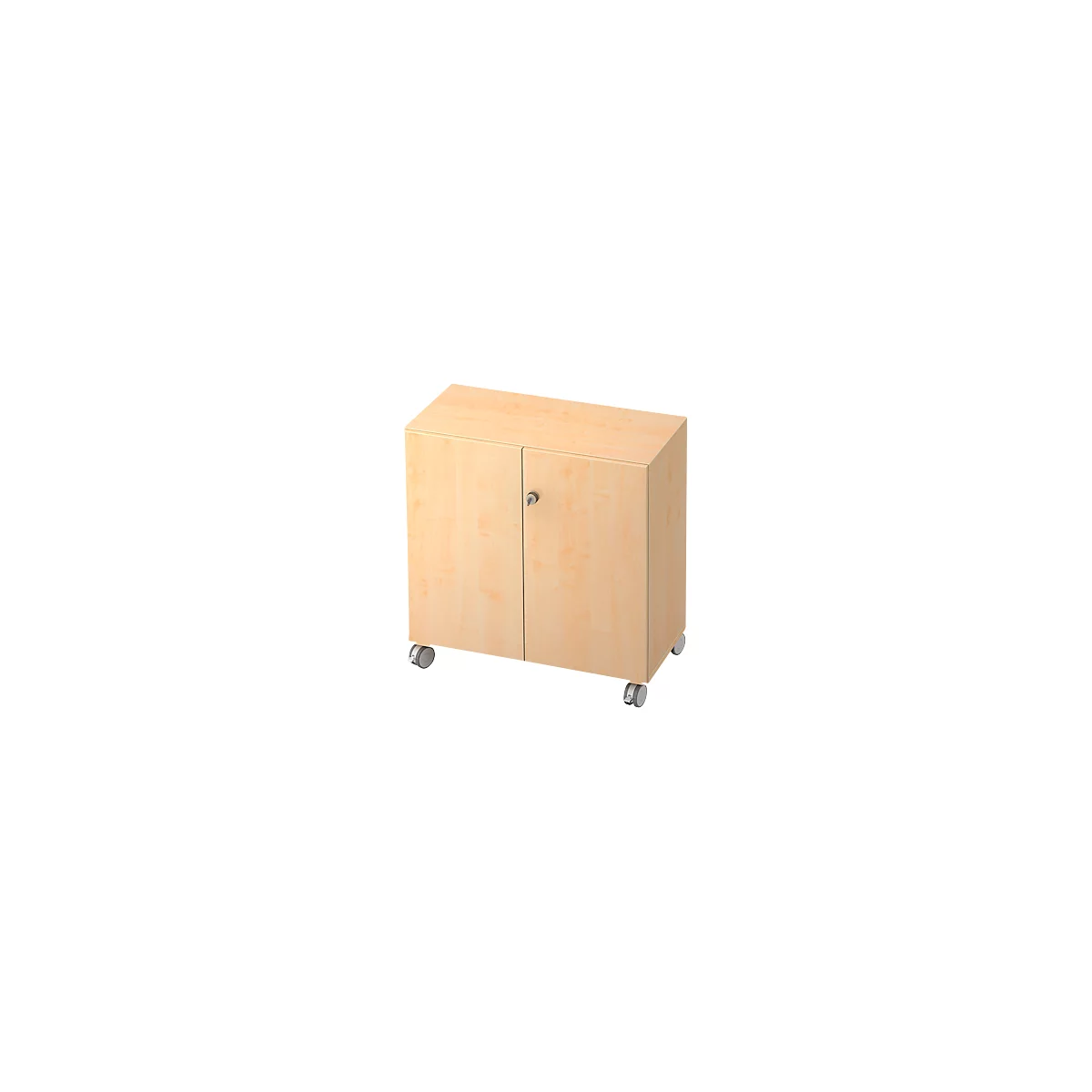 Small, light brown cabinet on wheels with two doors and a small lock.