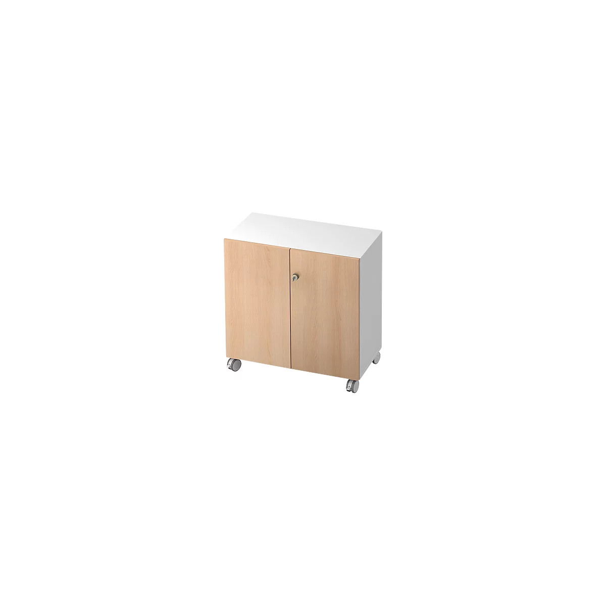 A compact, light brown wooden cabinet with two doors stands on casters, a silver handle.