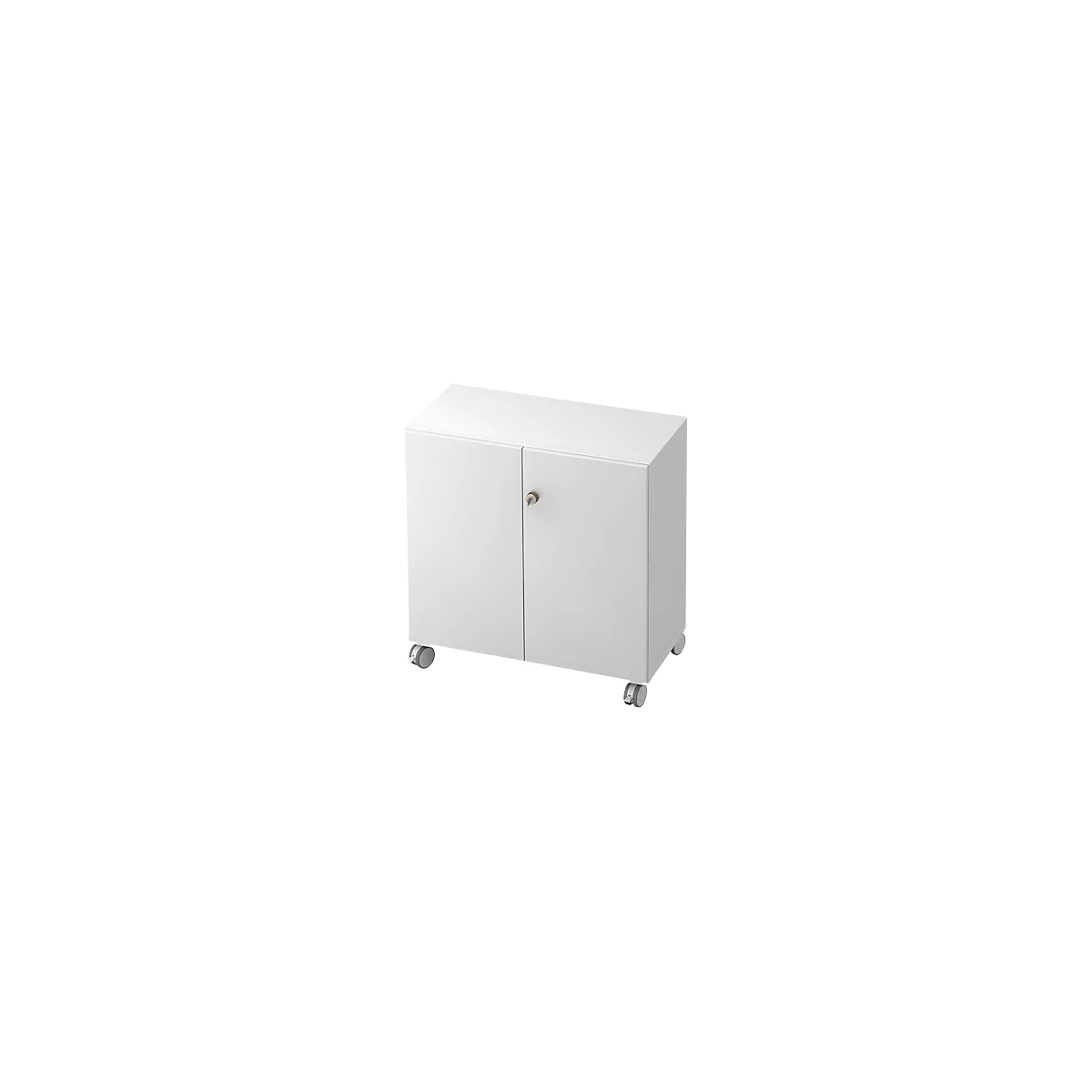 White file cabinet with two doors, castors, and a knob.