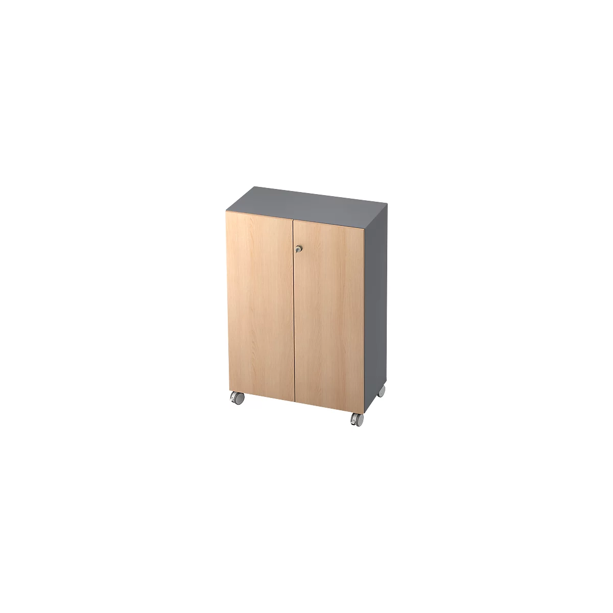 A wooden cabinet on wheels, with gray top and side surfaces. Two doors, silver handle. Light brown wood.