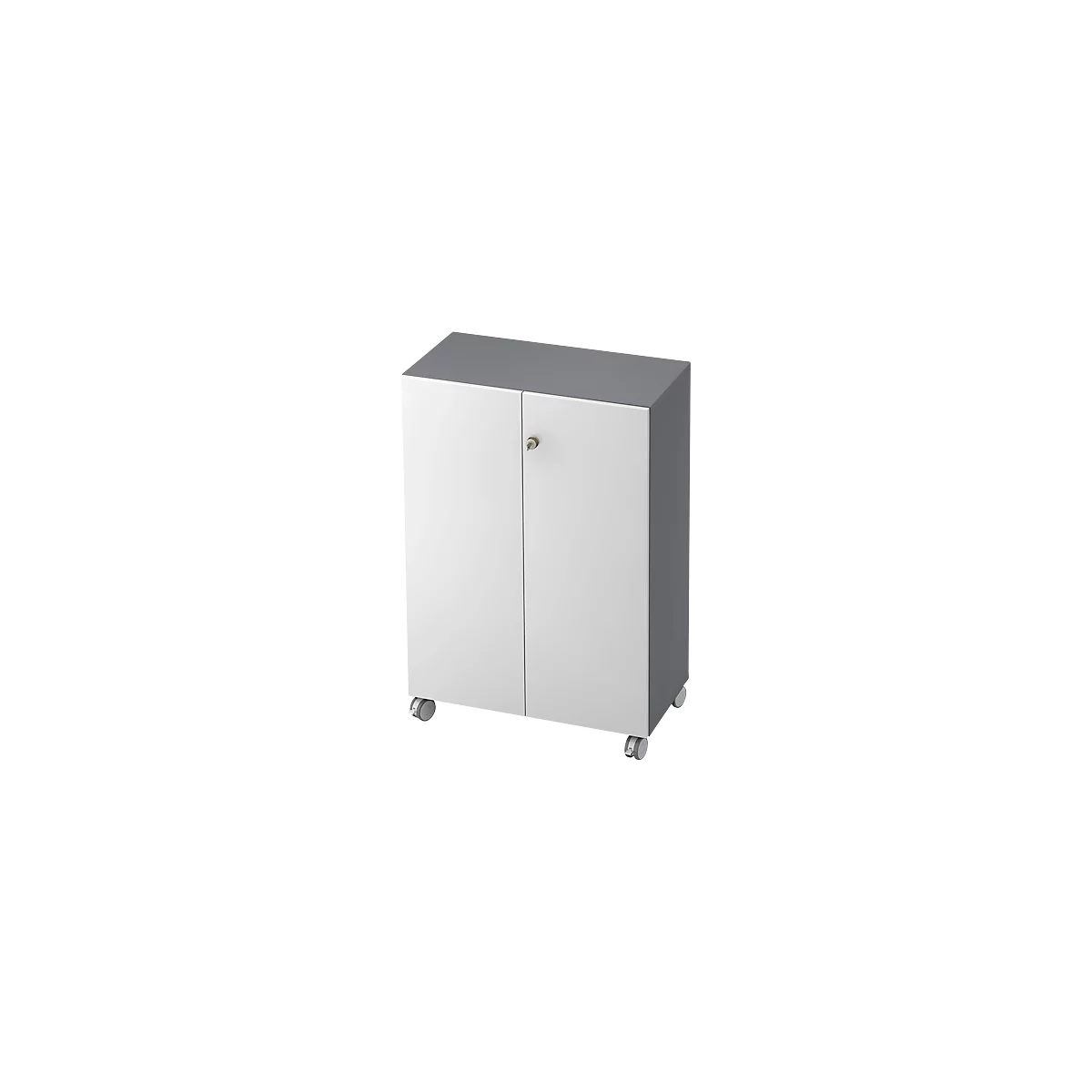 White mobile pedestal with two doors and a lock, gray lid. Wheels on the bottom.