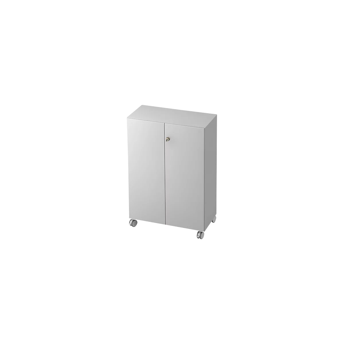 White cabinet with two doors and castors.