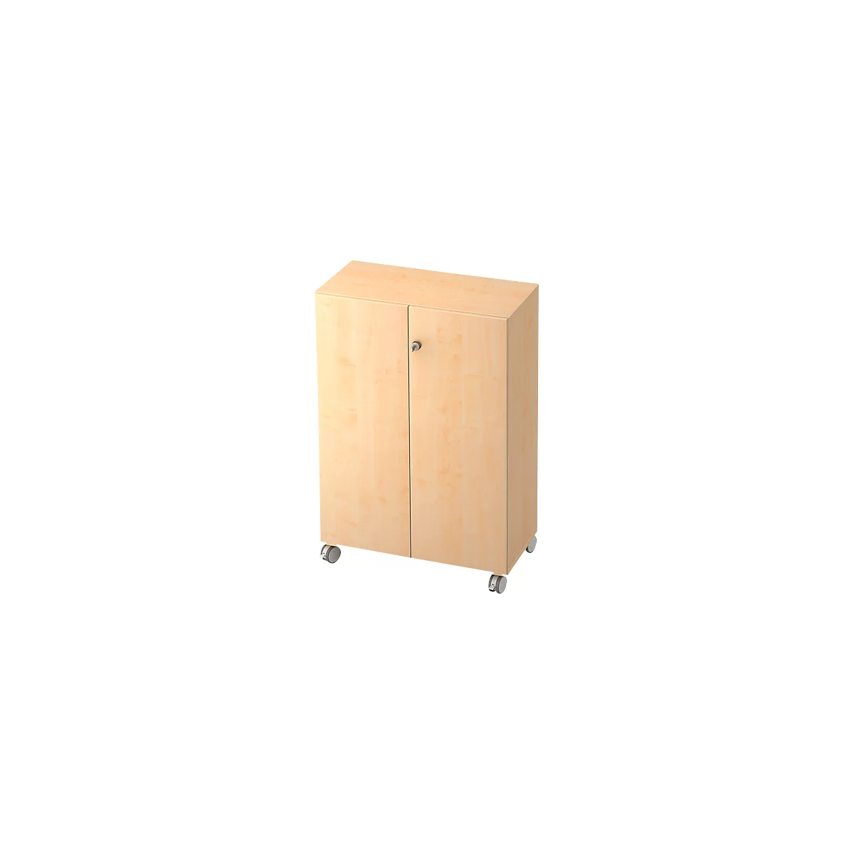 A wooden cabinet with two doors, a handle and castors.