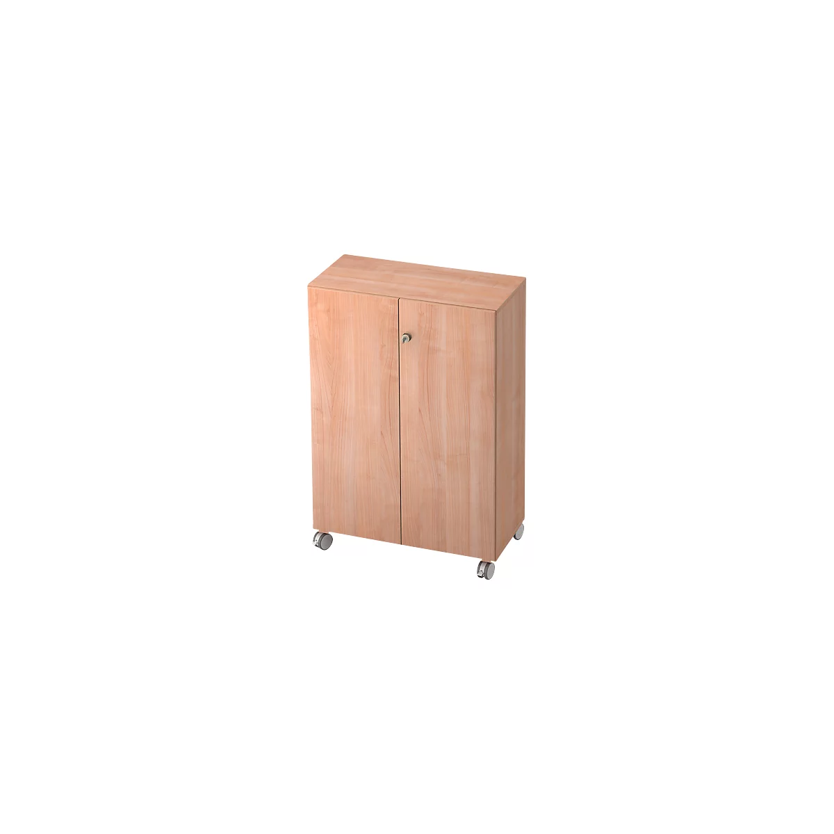 A light brown cabinet with two doors, a knob and castors. It stands on light grey castors.