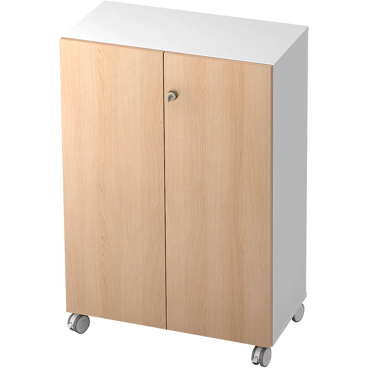 Cabinet with wooden doors and white top on wheels.