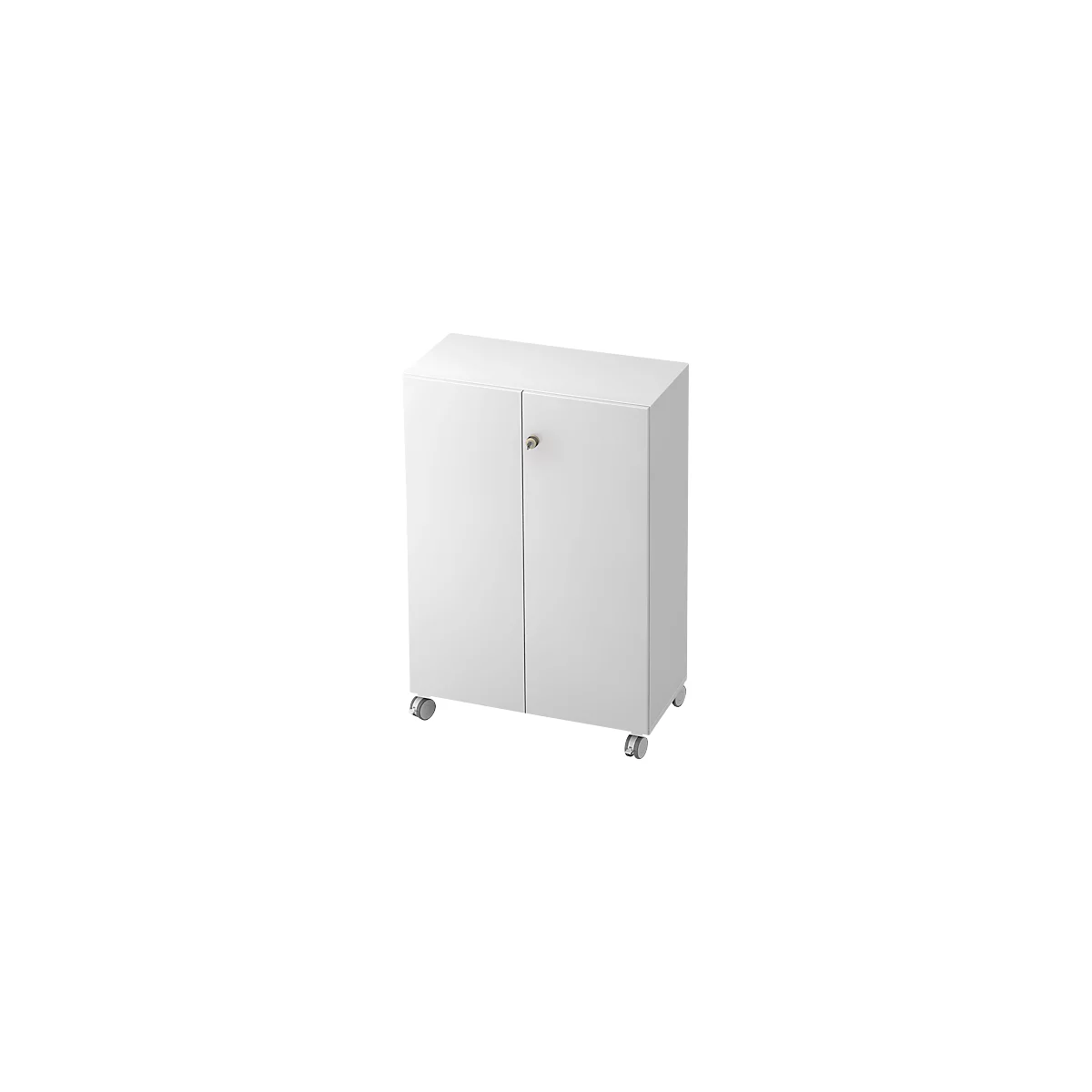 White cabinet with two doors, wheels and key. Simple design.