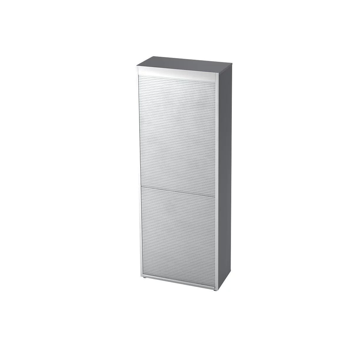 Light grey cabinet with slatted structure, divided into two sections. Grey frame and top cover.
