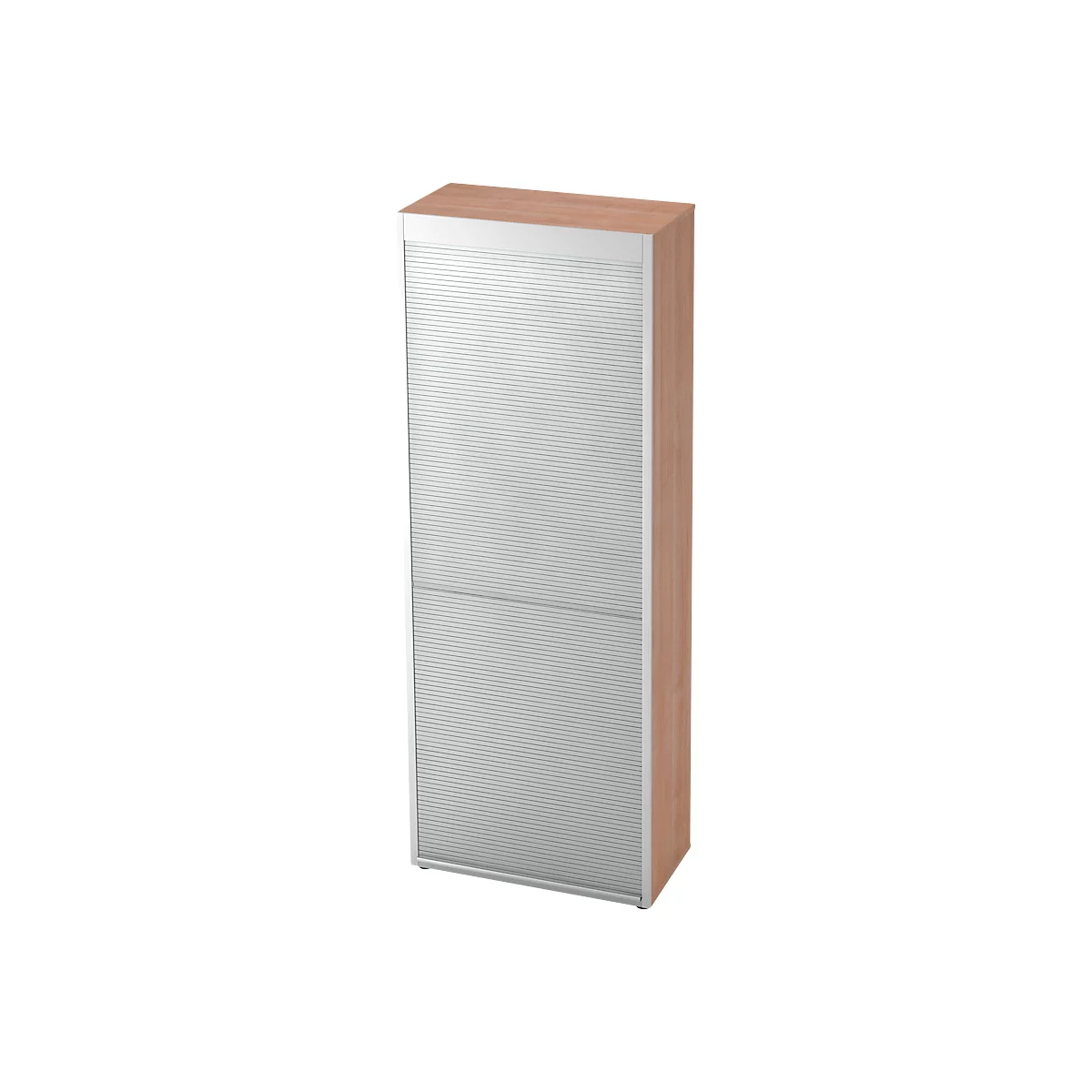 Tall cabinet with light, ribbed roller shutter closure and wooden sides, with wooden top.