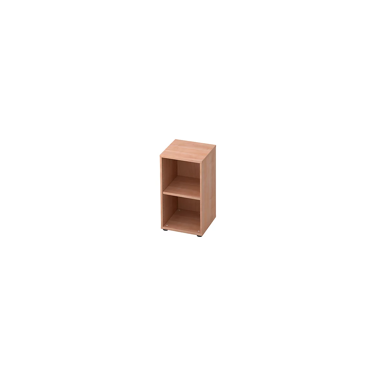 A light brown bookshelf with two compartments, standing on a black base.