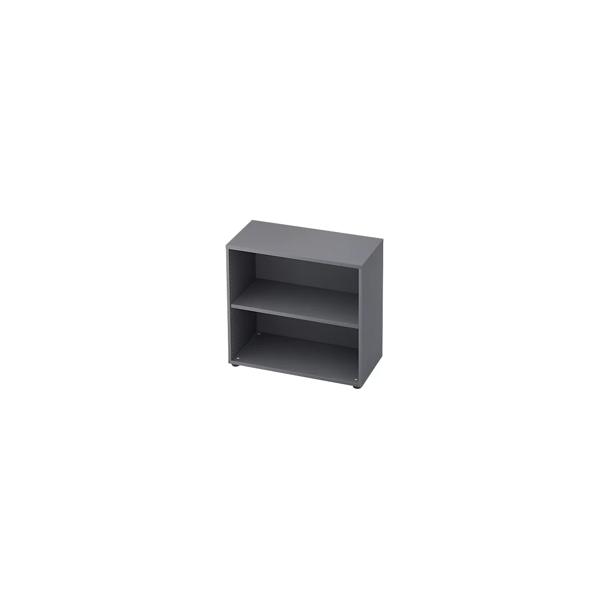 Gray shelf with two levels. Minimalist design, free-standing.