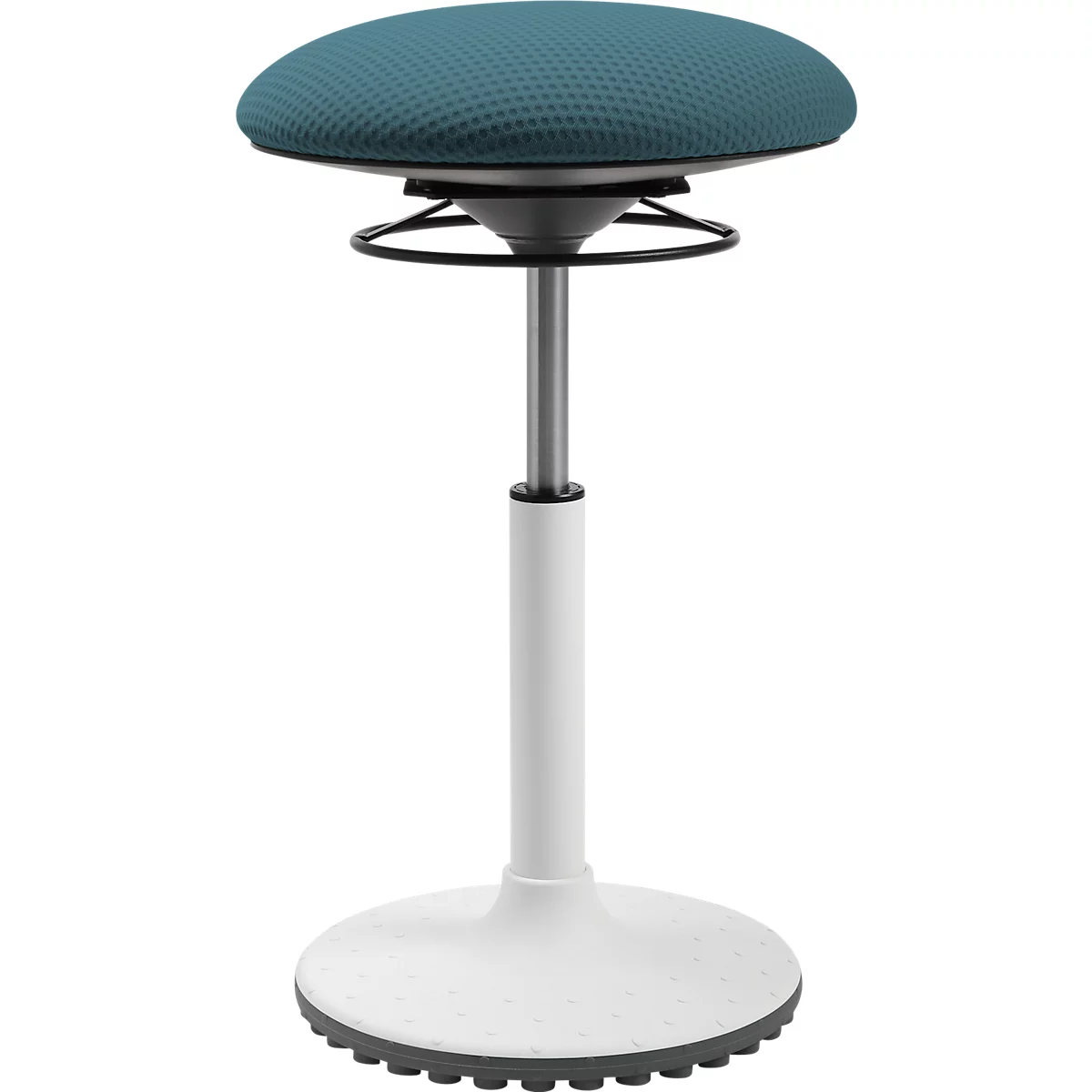 Un taburete blanco con un asiento azul y detalles negros.