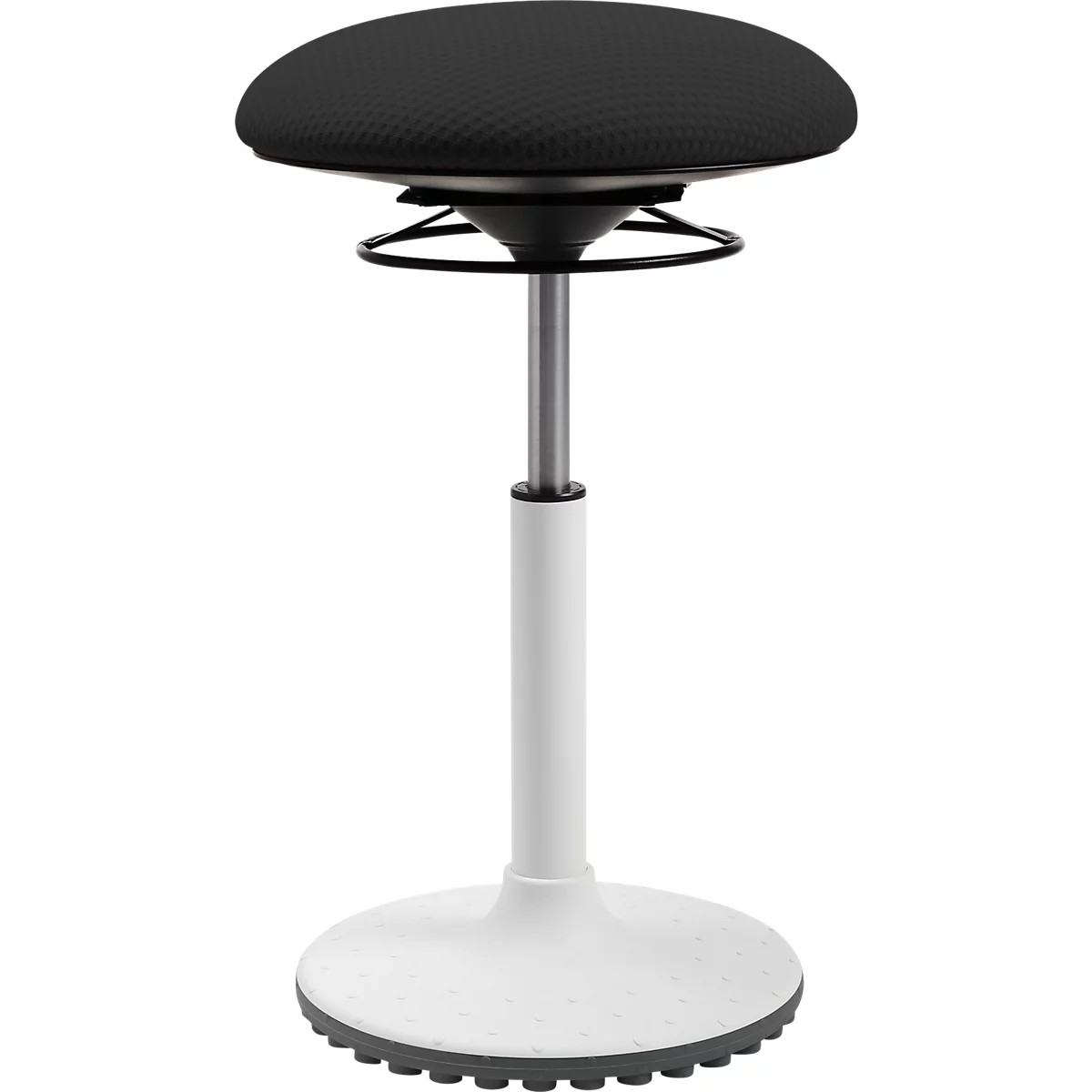 Ayuda de pie en blanco y negro. Asiento redondo, columna, pie plano. Altura regulable.